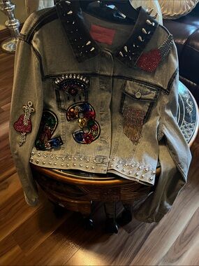 AKIRA Gray Distressed Denim Jean Jacket with Multicolor Embellishments